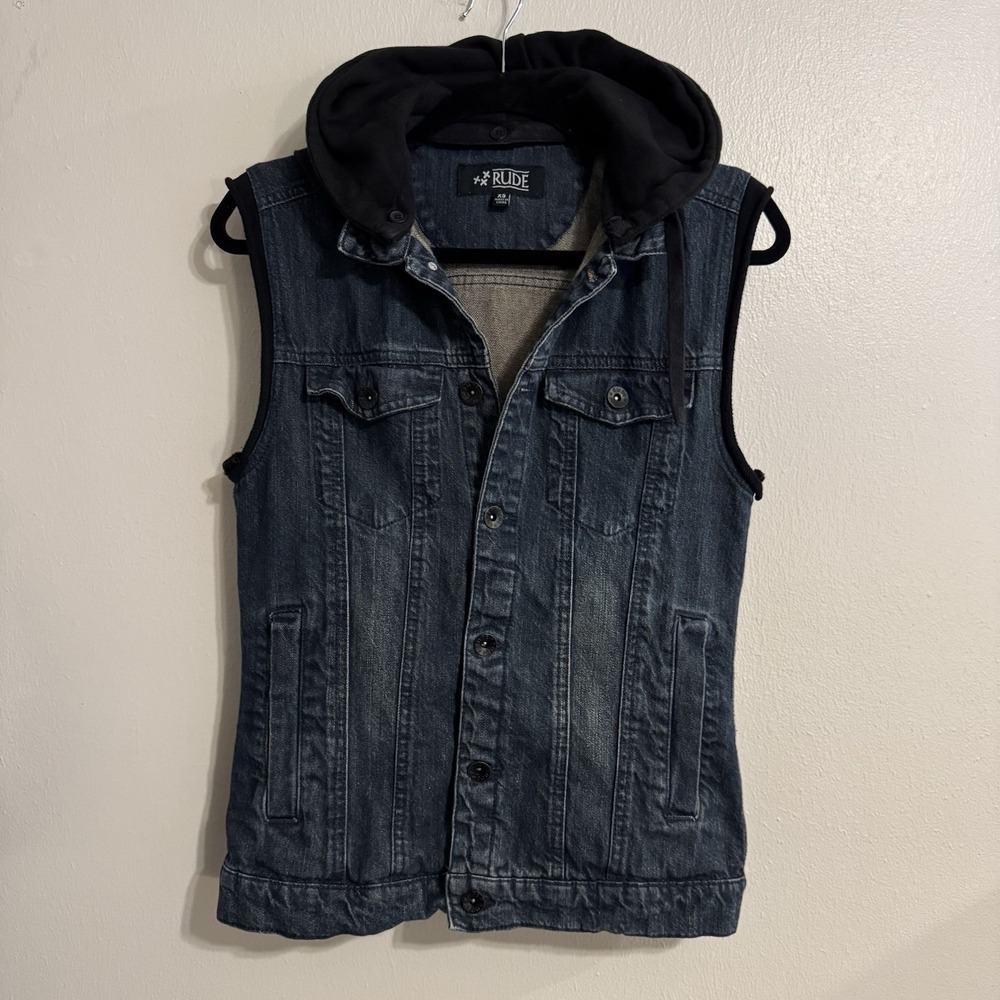 XXX Rude Demin Vest Men's Sz XS Removable Hood Vintage Y2K Punk Grunge Biker